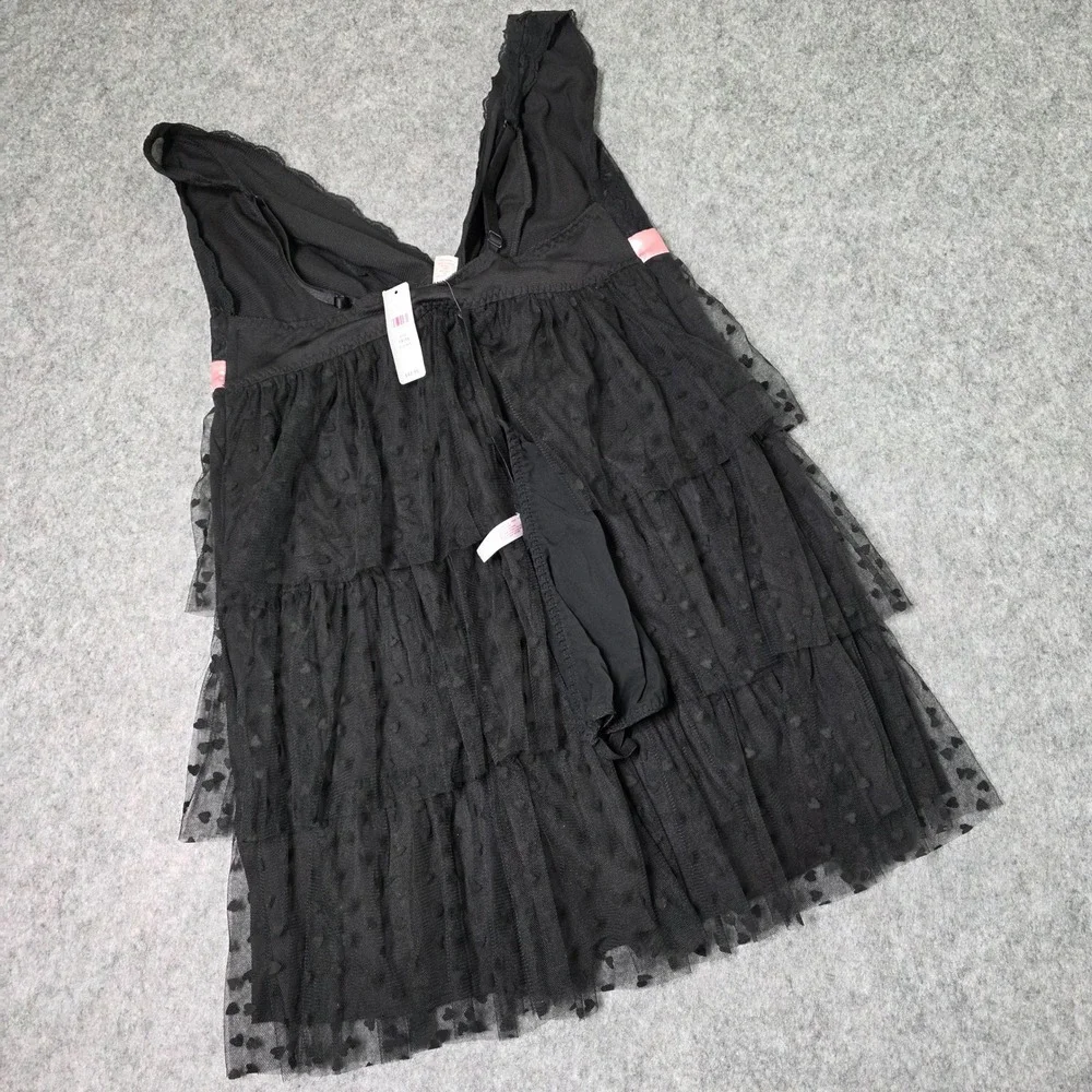 Cacique Babydoll Lingerie Black Pink Heart Ruffle Tiered Lace 2 PC Set 14/16 NEW - Picture 3 of 8